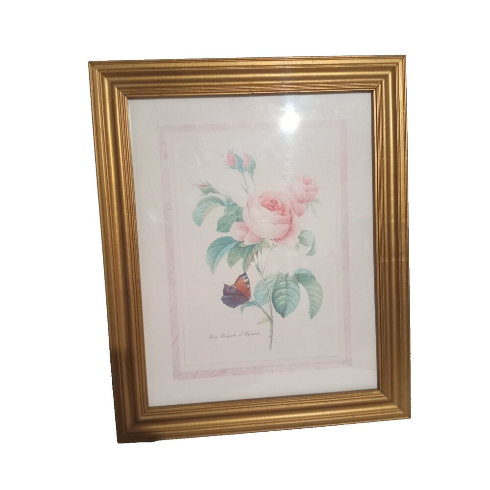 Rose Bengale By L Hymenee Framed Flower Print 13 x 16 Vintage 90's Butterfly